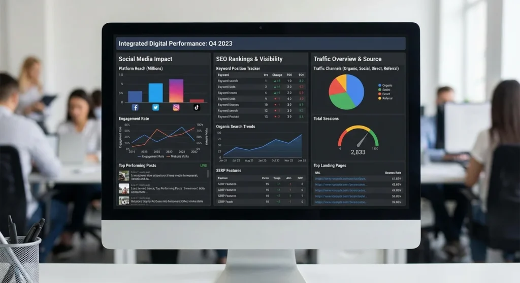 Social media strategy and SEO integration dashboard showing rankings improvement