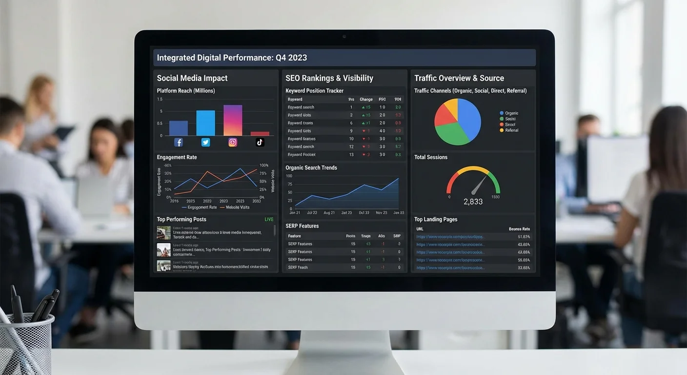 Social media strategy and SEO integration dashboard showing rankings improvement