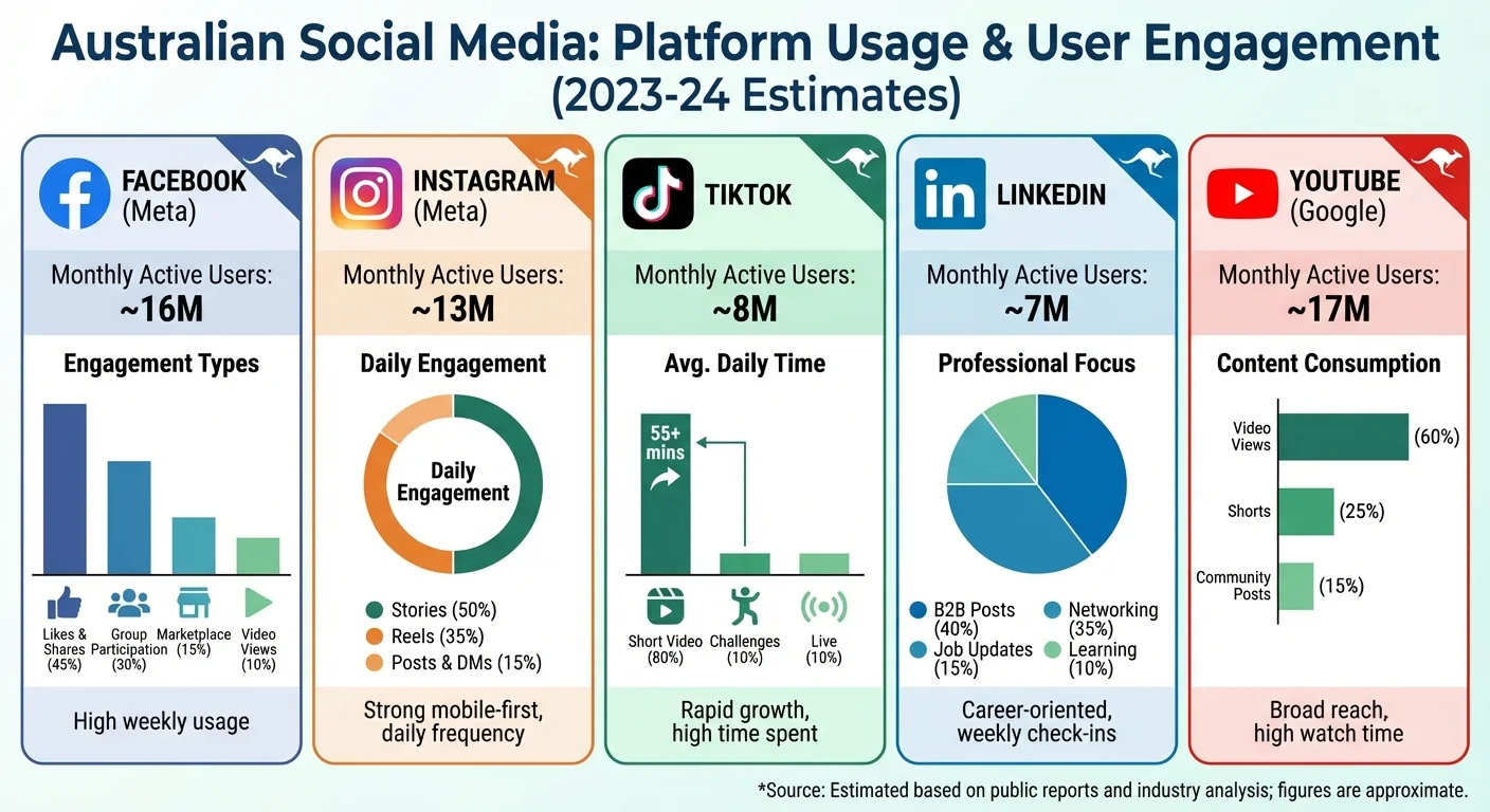 Social media platforms showing Australian user engagement statistics