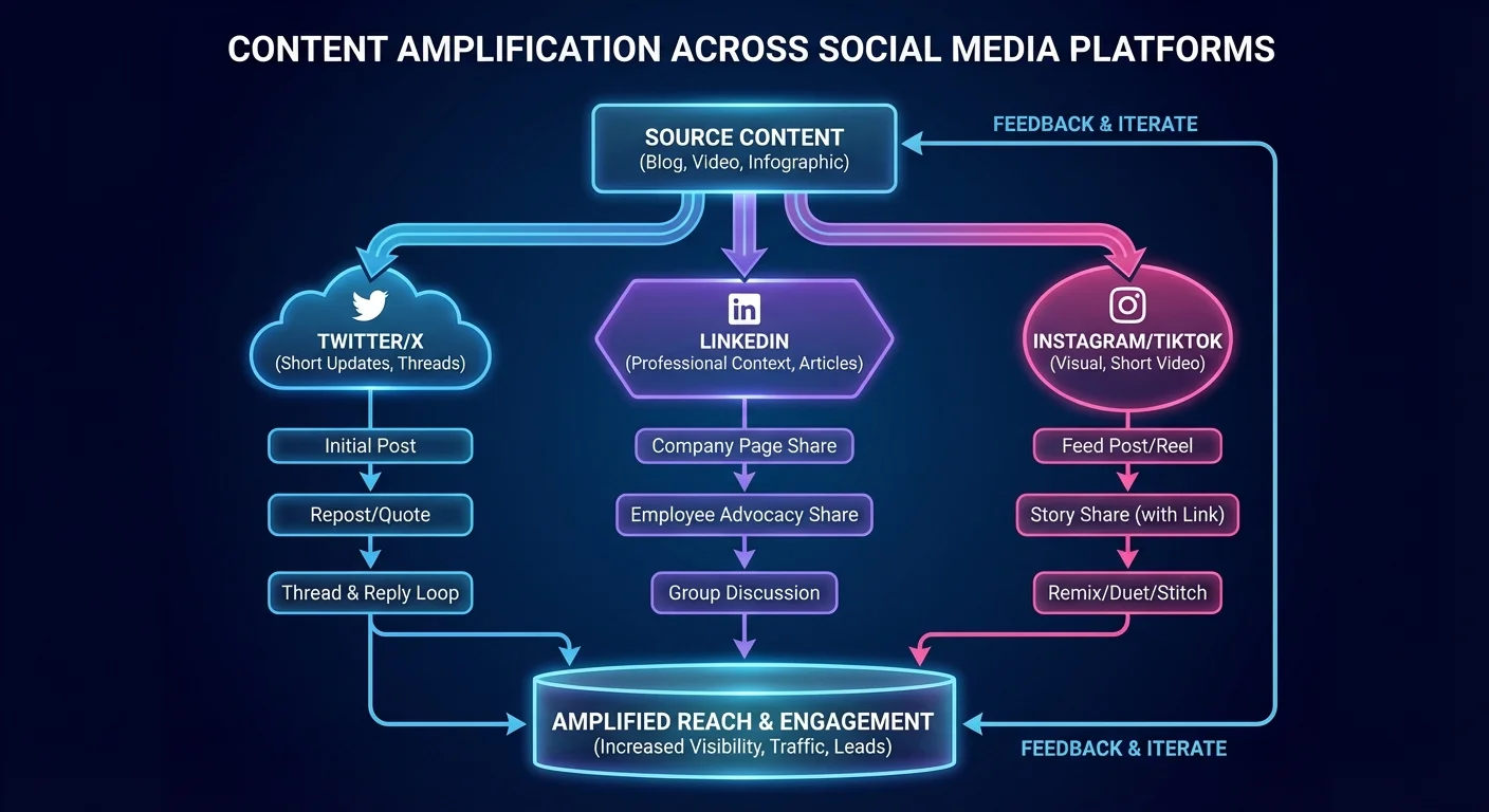 Content amplification strategy showing multi-platform distribution approach