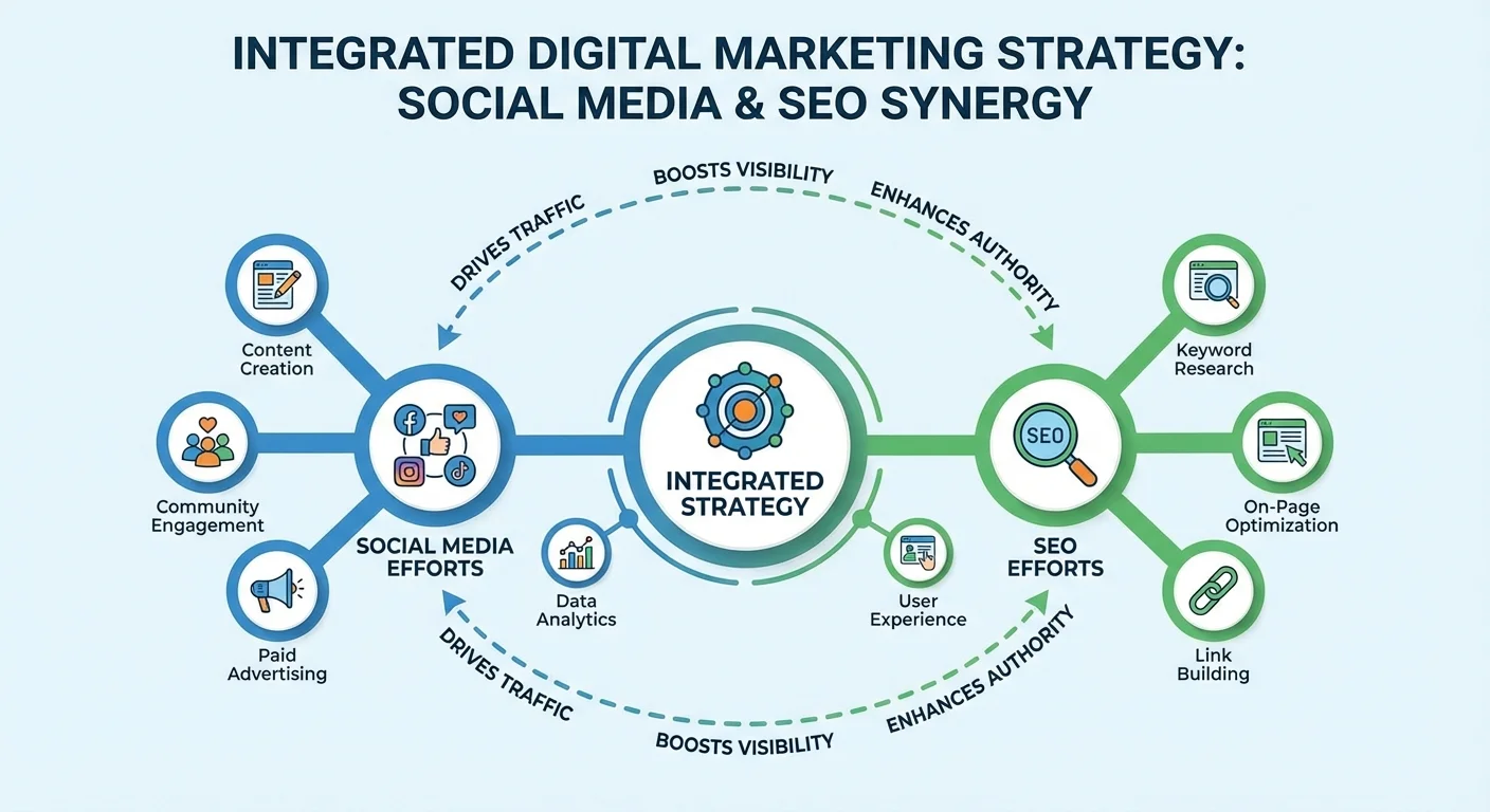 Digital marketing strategy showing integration between social media and SEO efforts