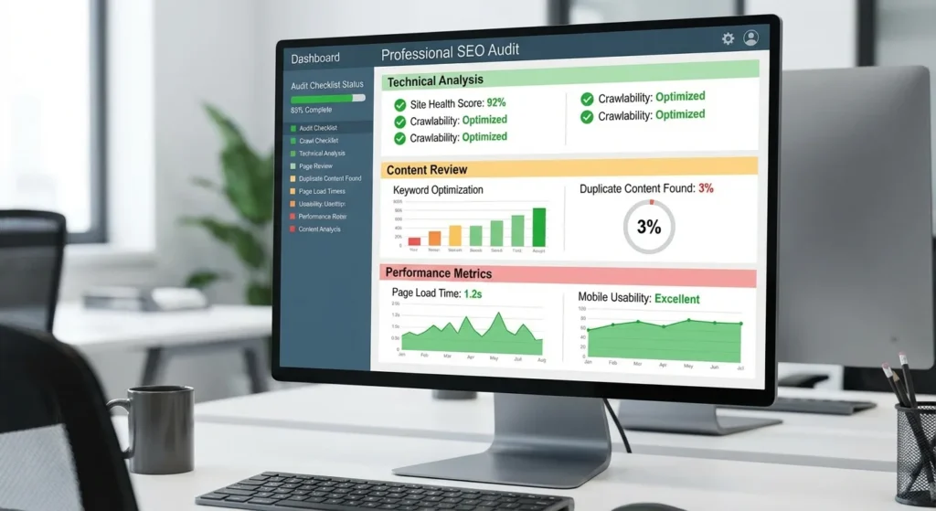SEO audit checklist showing technical and content analysis elements