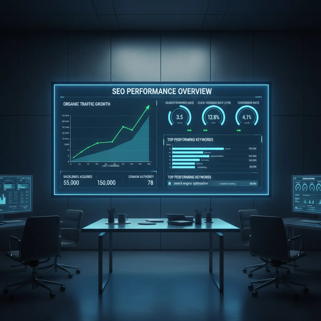 Analytics dashboard showing SEO performance metrics and traffic growth