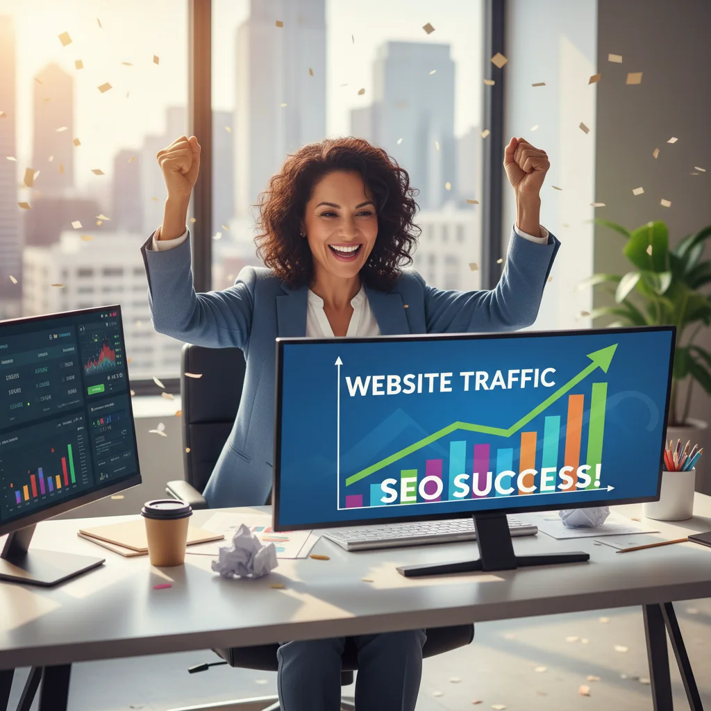 Business owner celebrating SEO success with increased website traffic