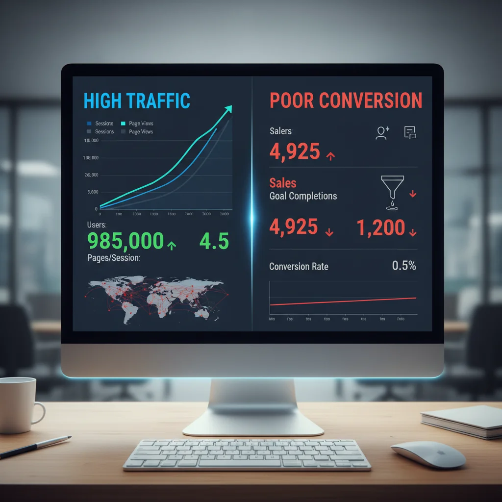 Website analytics dashboard showing traffic growth but poor conversion rates