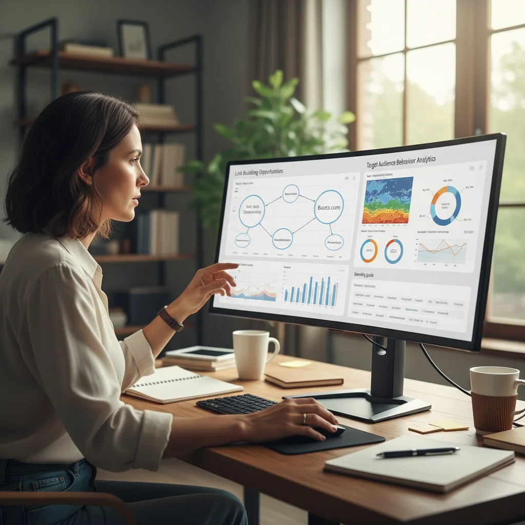 Digital marketer analysing link building opportunities and target audience behaviour on computer screen