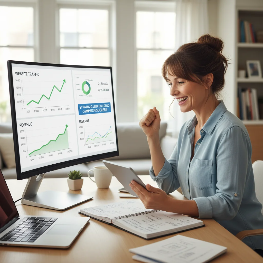 Business owner reviewing increased website traffic and revenue from strategic link building campaign