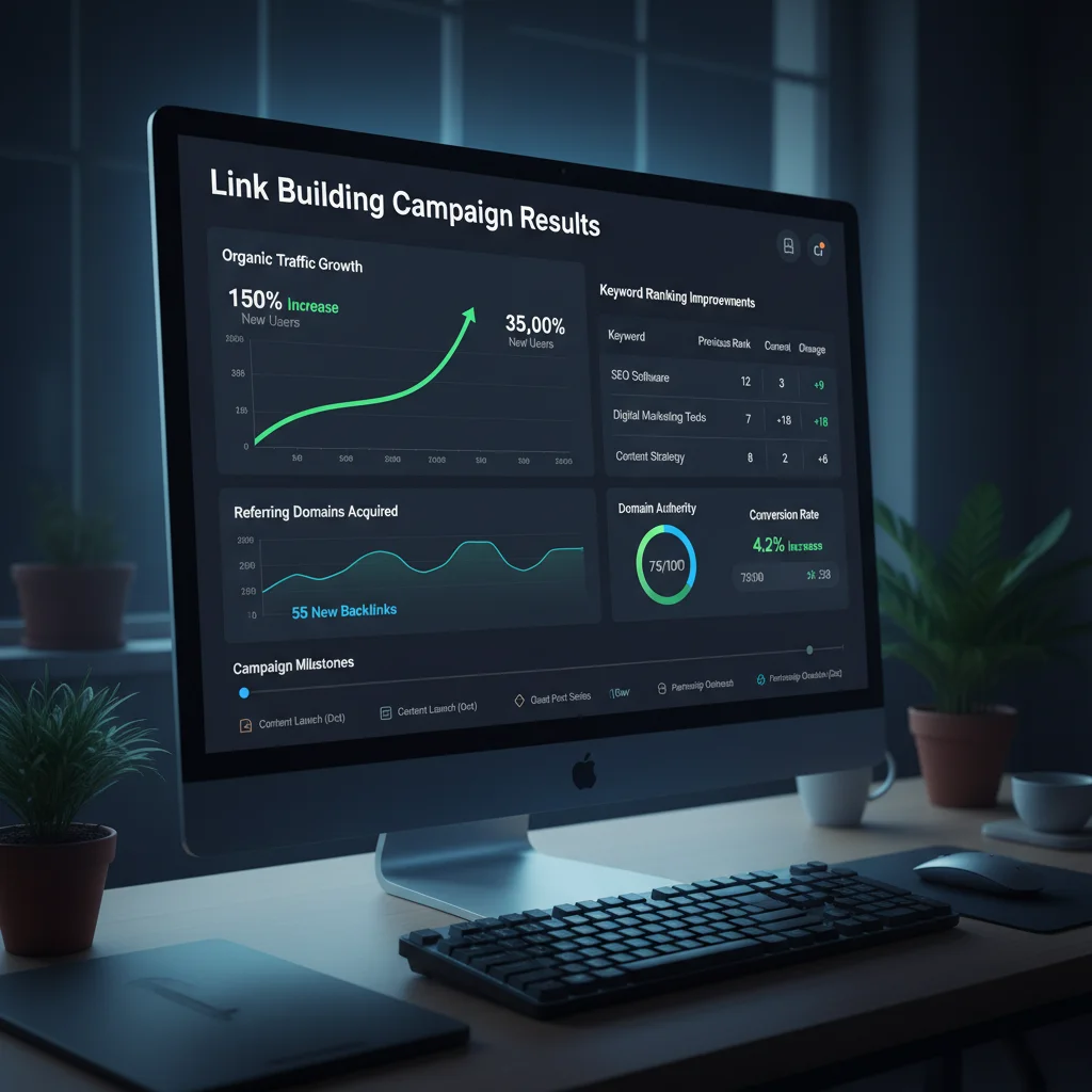 Analytics dashboard showing link building campaign results with traffic growth and ranking improvements