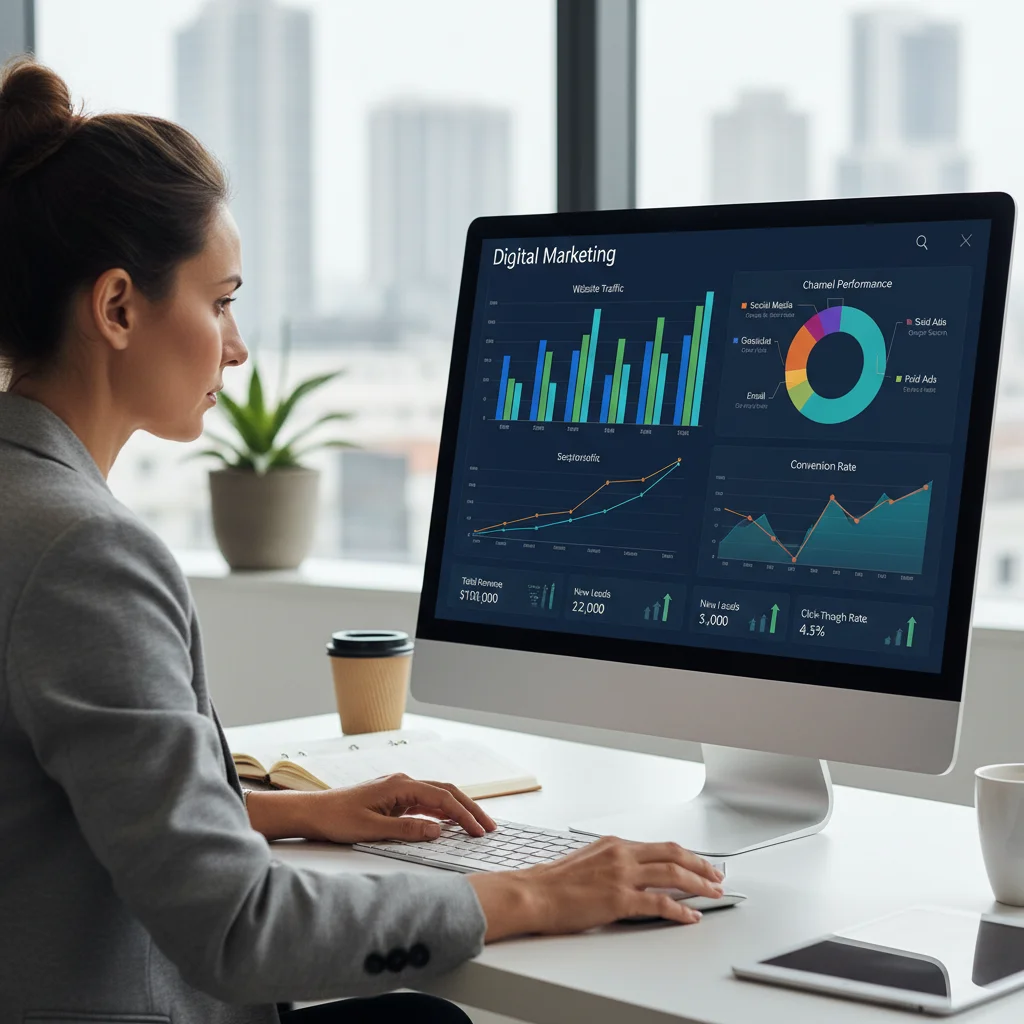 Digital marketing analytics dashboard showing website traffic and conversion metrics