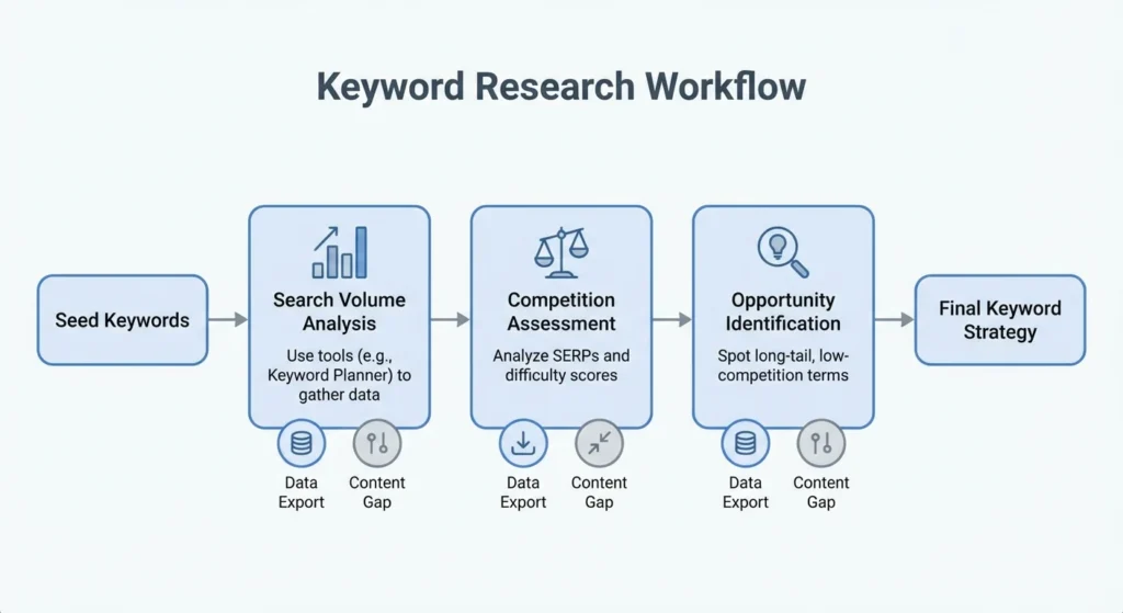 Keyword research process diagram showing search volume and competition analysis