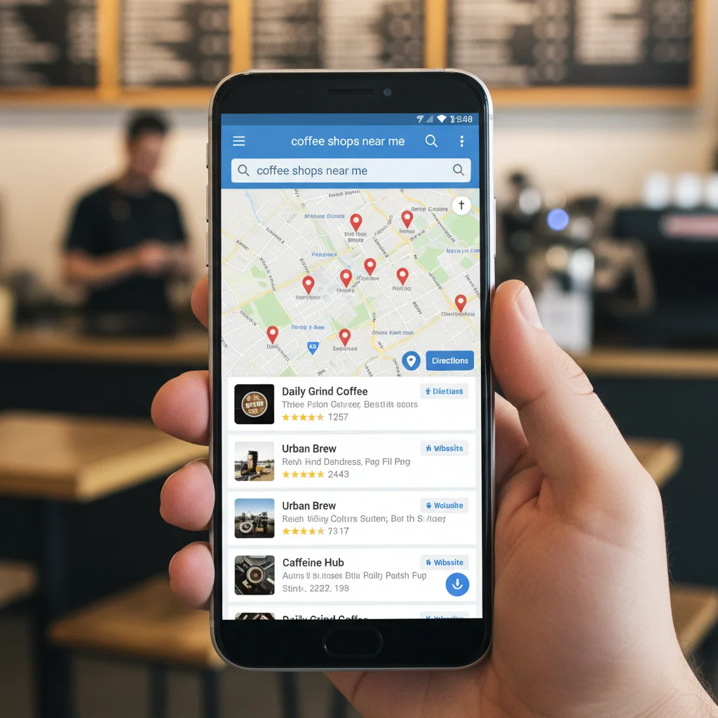 Mobile phone showing search results with local business listings and map integration