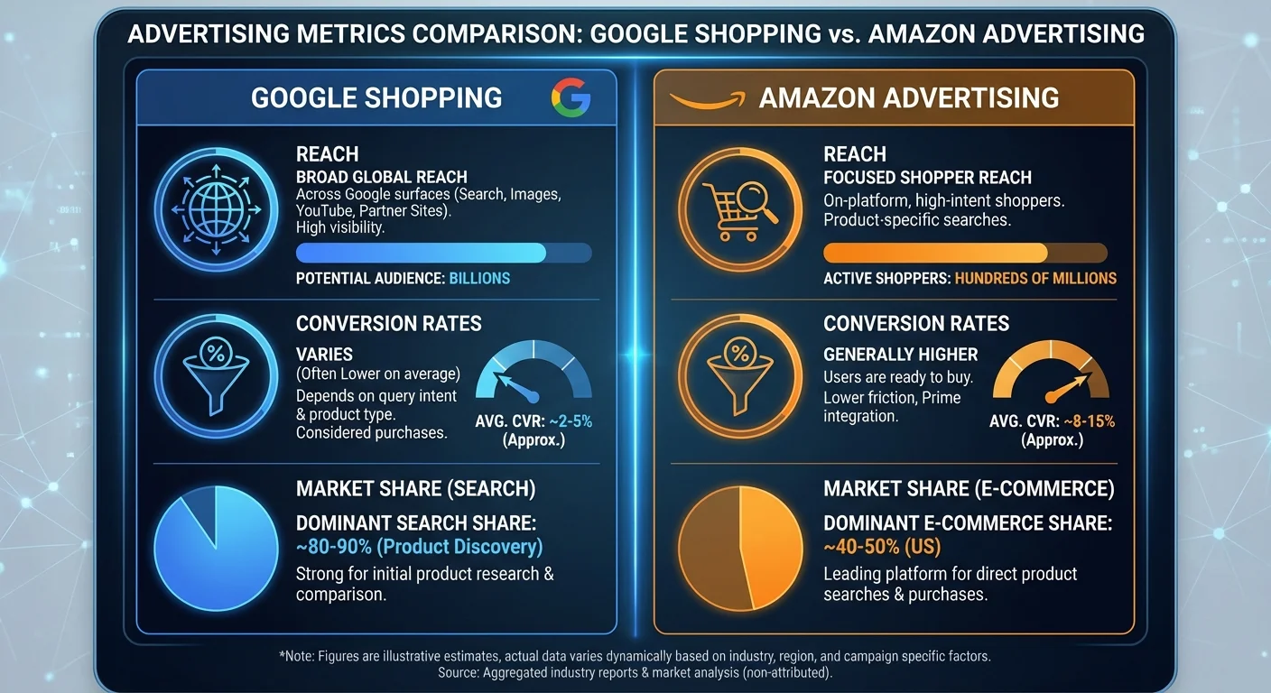 Google Shopping vs Amazon advertising comparison chart showing reach and conversion data