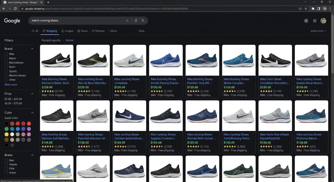 Google Shopping search results showing product grid with prices and ratings