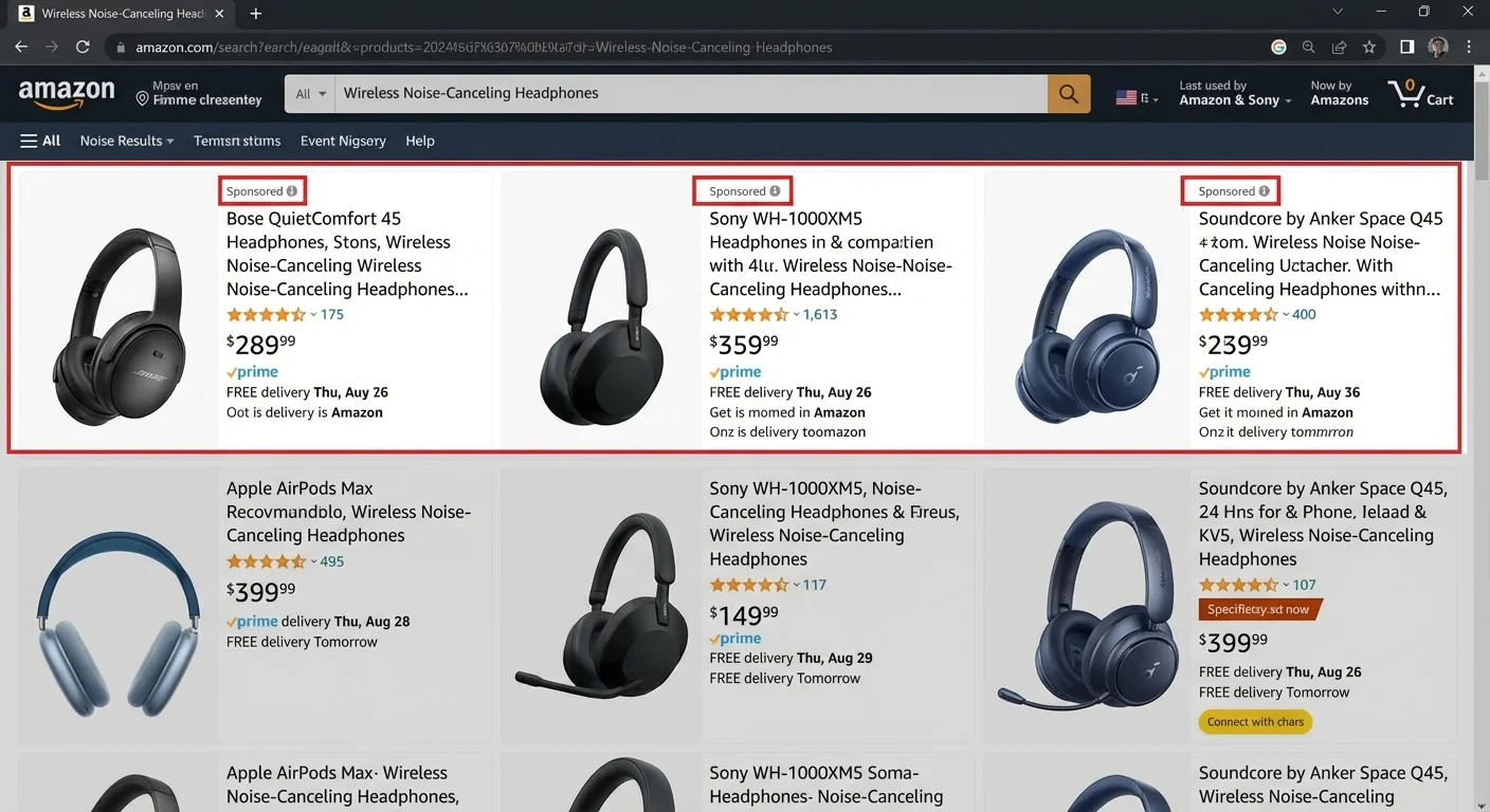 Amazon sponsored products ads showing within search results with sponsored labels