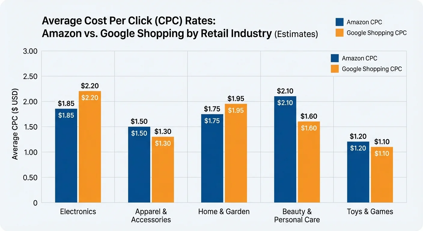 Cost per click comparison chart showing Amazon vs Google Shopping CPC rates by industry