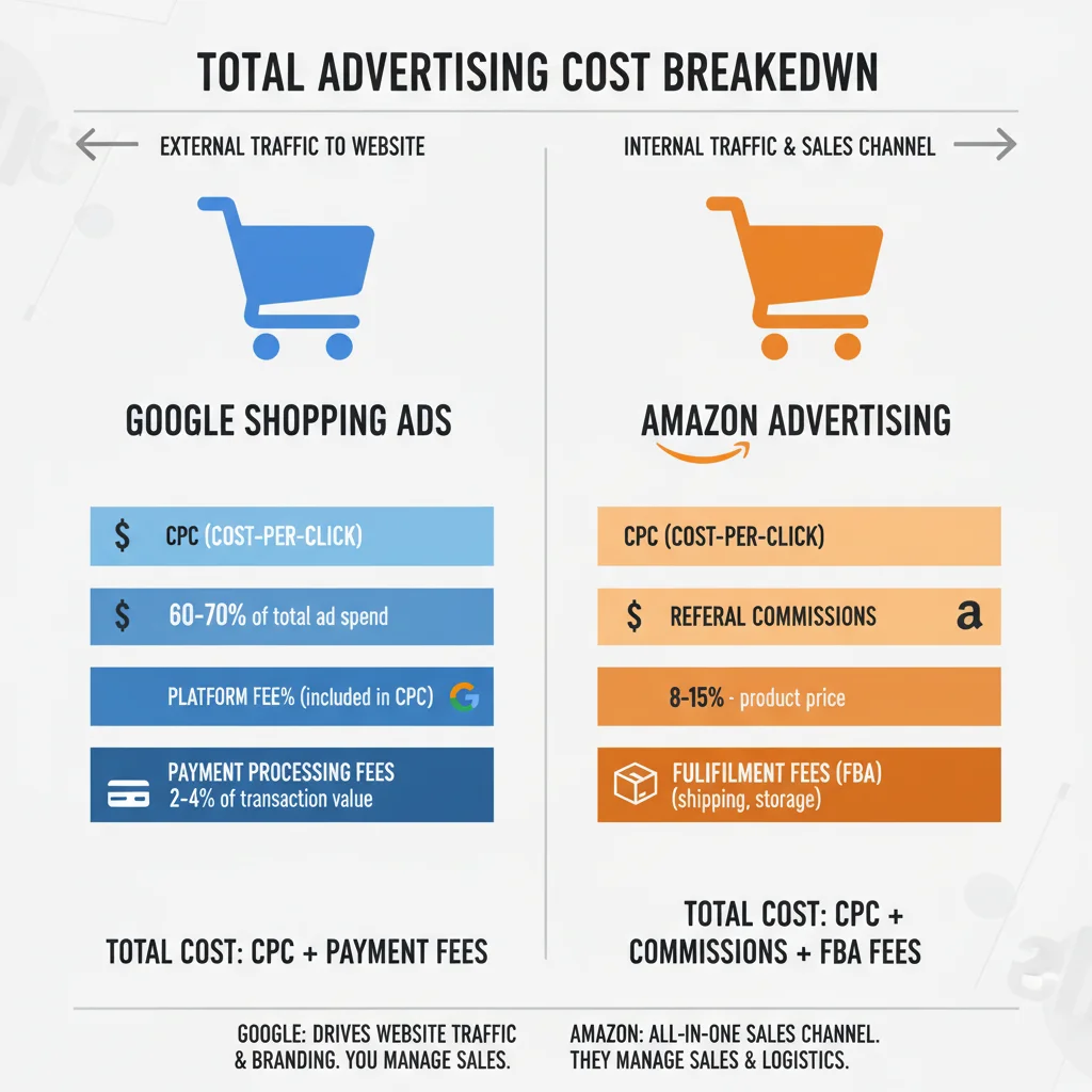 Fee structure comparison showing Google Shopping vs Amazon total cost breakdown
