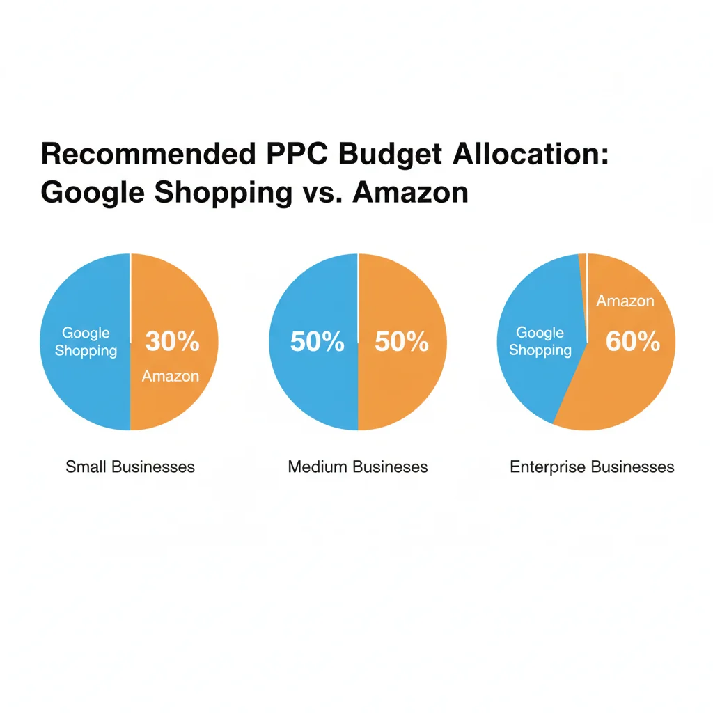 PPC budget allocation pie chart showing recommended split between Google Shopping and Amazon for different business sizes