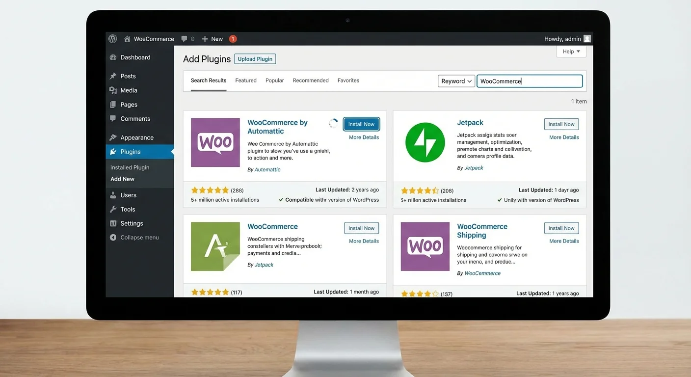 WordPress admin dashboard showing WooCommerce plugin installation process