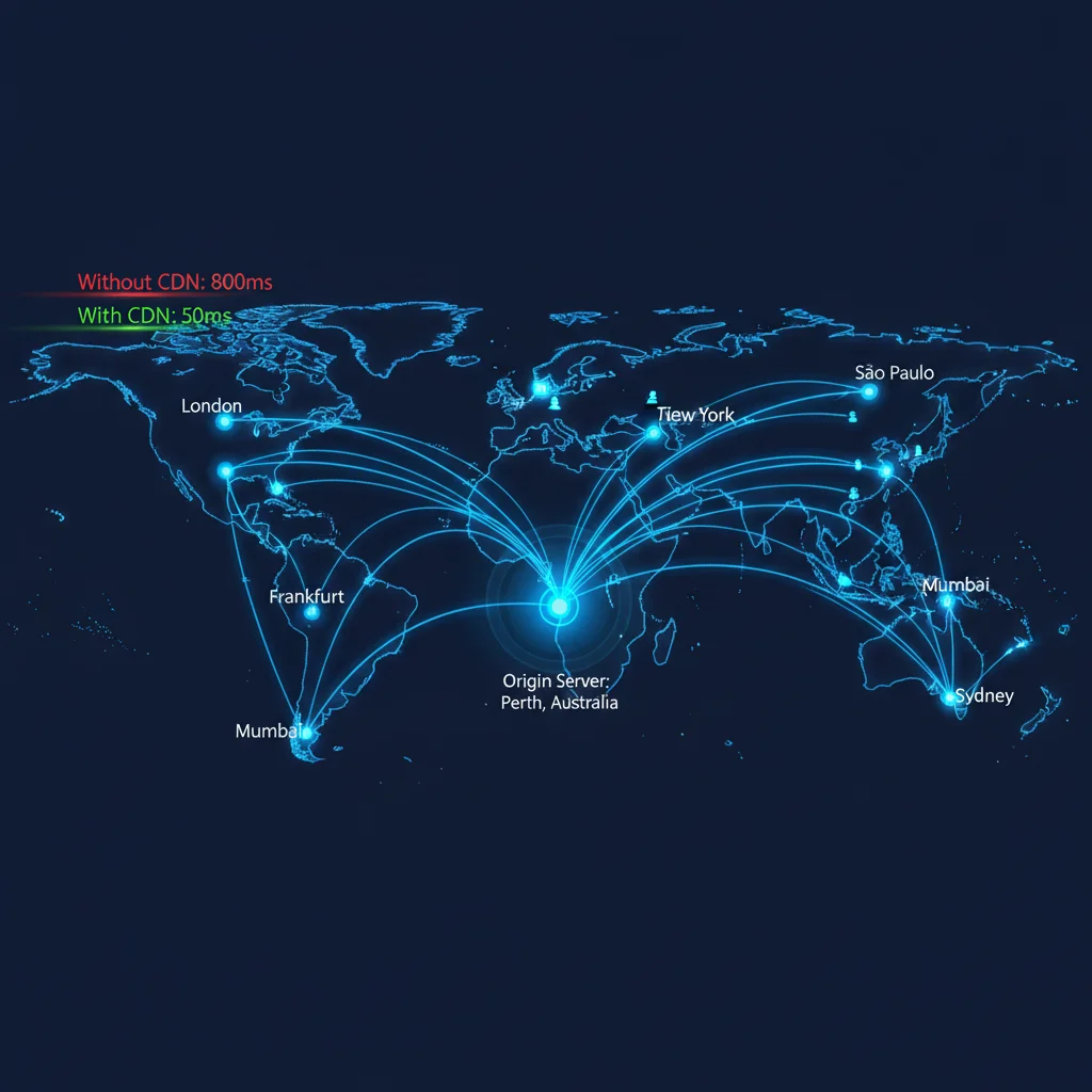 Illustration showing how a CDN delivers website content from edge servers around the world