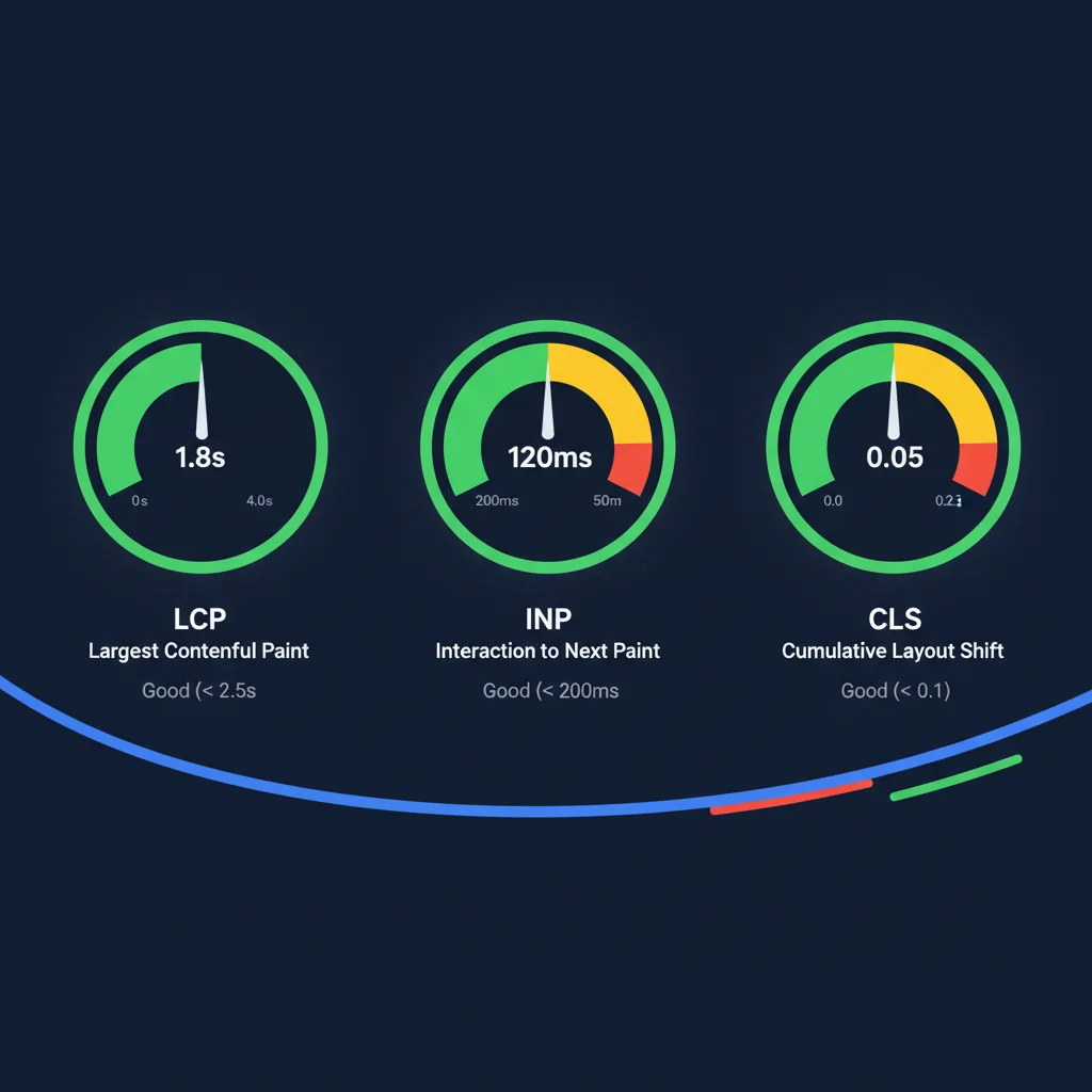 Diagram explaining Google Core Web Vitals metrics LCP INP and CLS with target scores