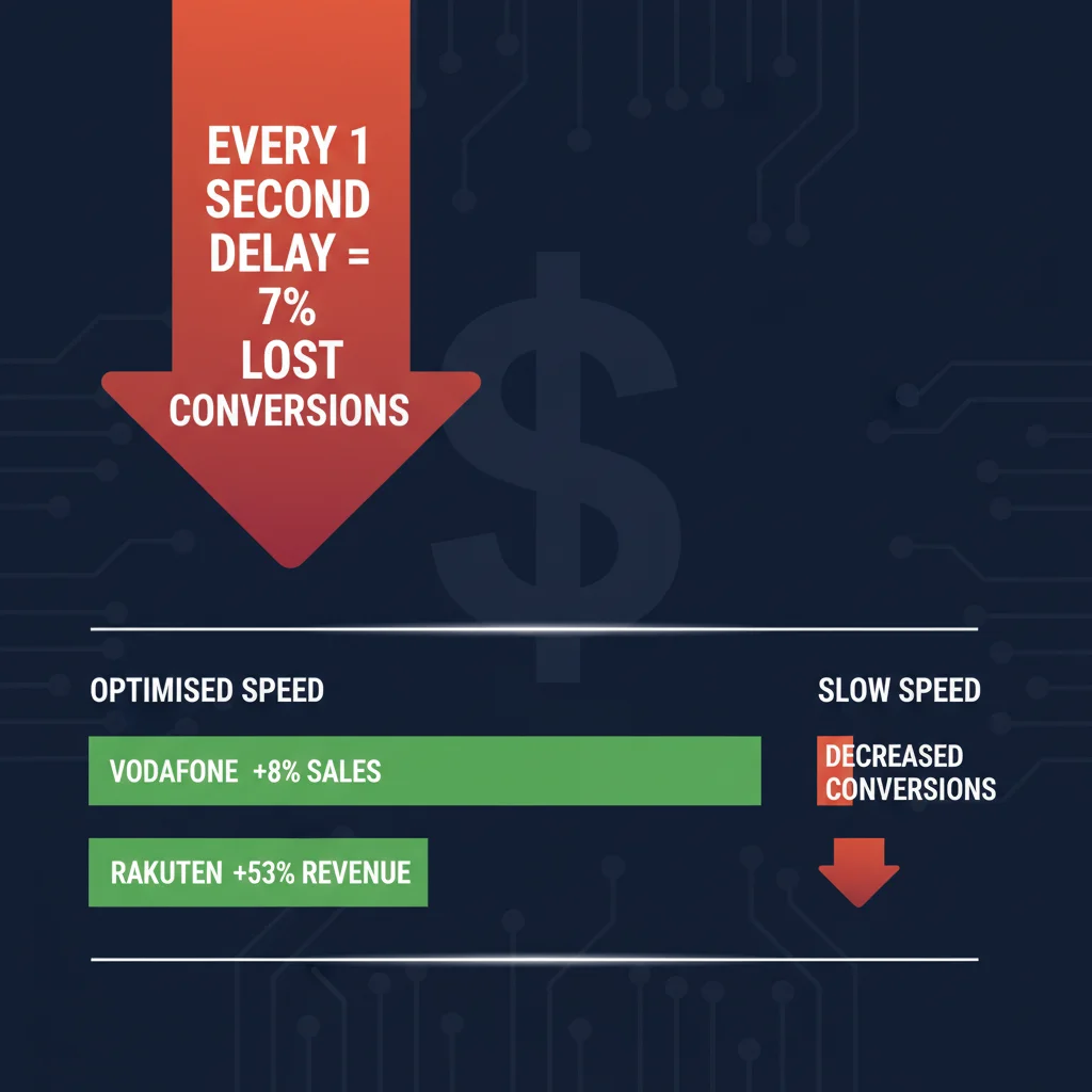 Infographic showing correlation between website load time and conversion rate decline with revenue impact data