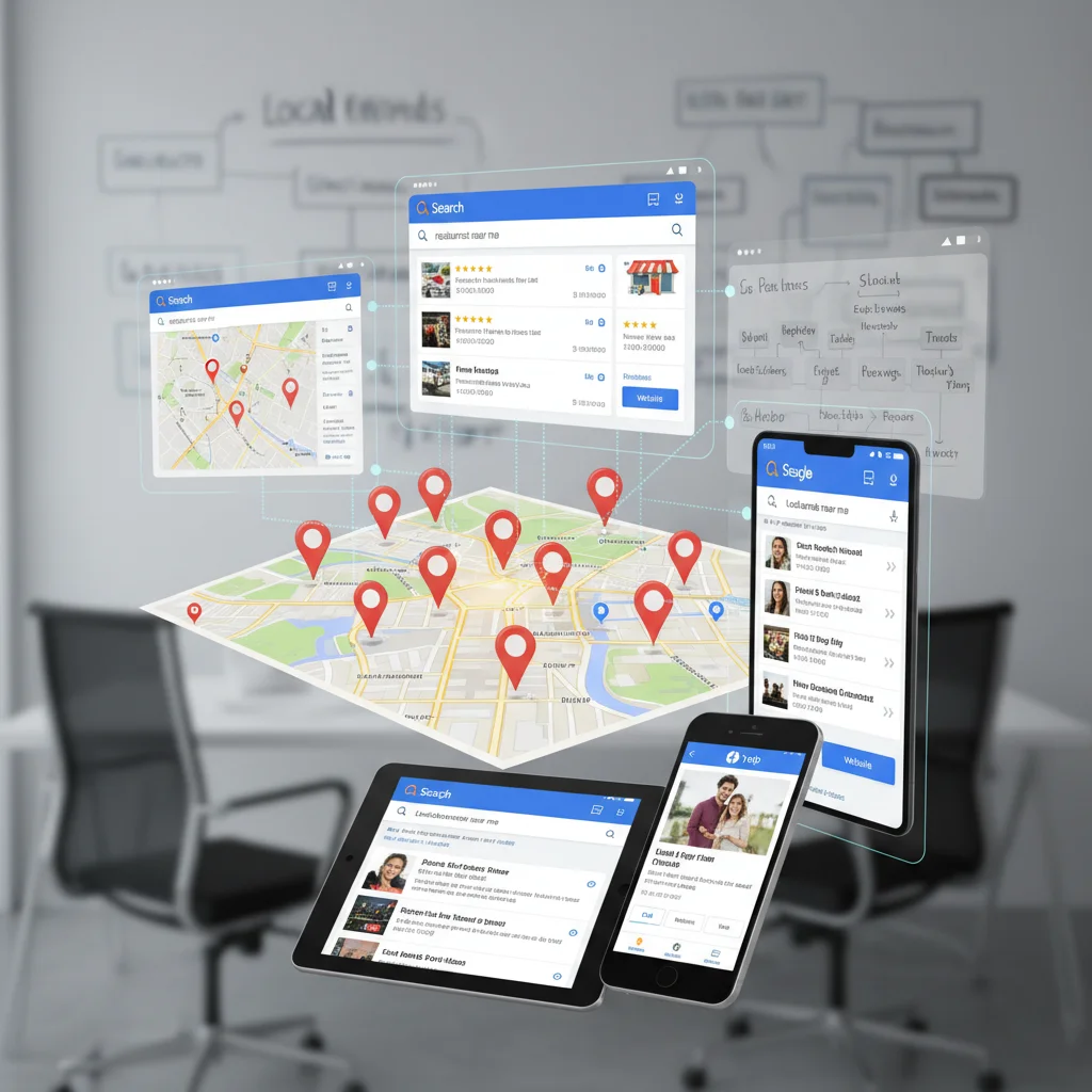 Local SEO strategy showing map pins and search results for Perth businesses
