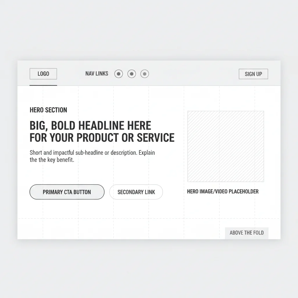 Landing page wireframe showing above the fold elements