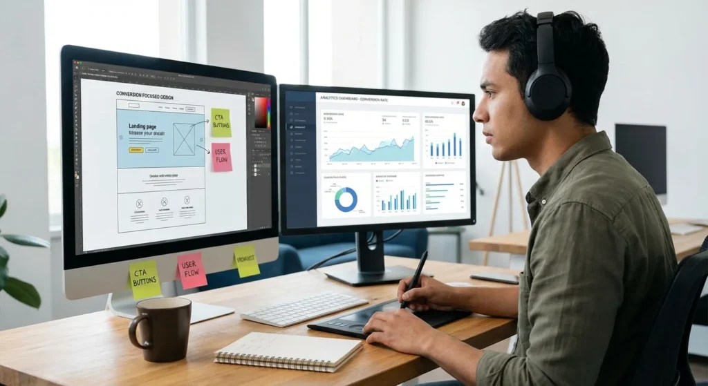 Web designer working on conversion-focused website design layout
