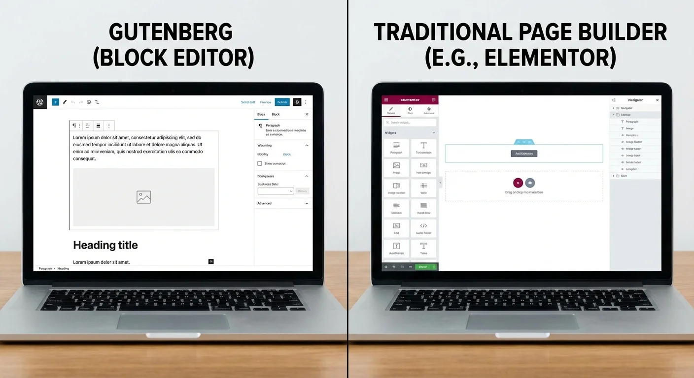 Side-by-side comparison of Gutenberg editor and traditional page builder interfaces