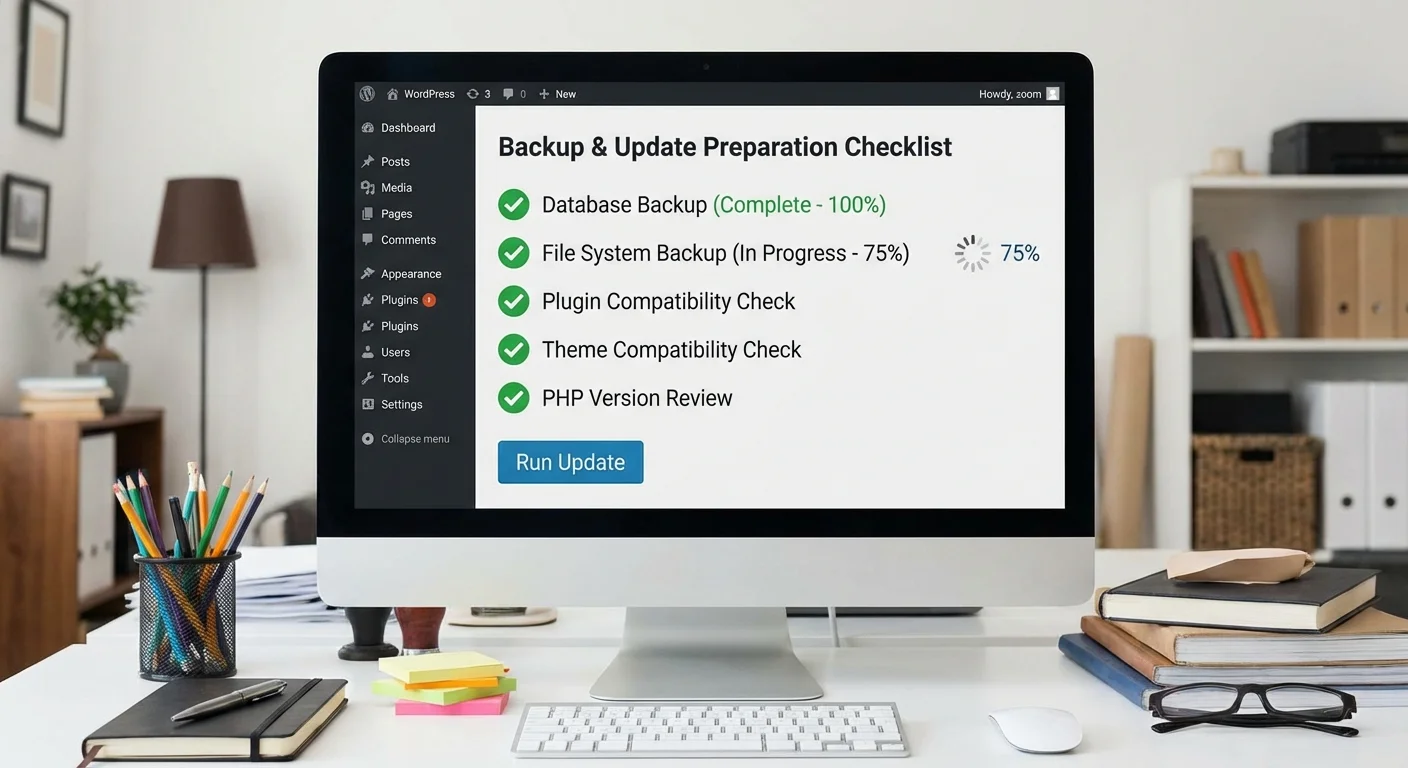 WordPress backup and update preparation checklist displayed on computer screen