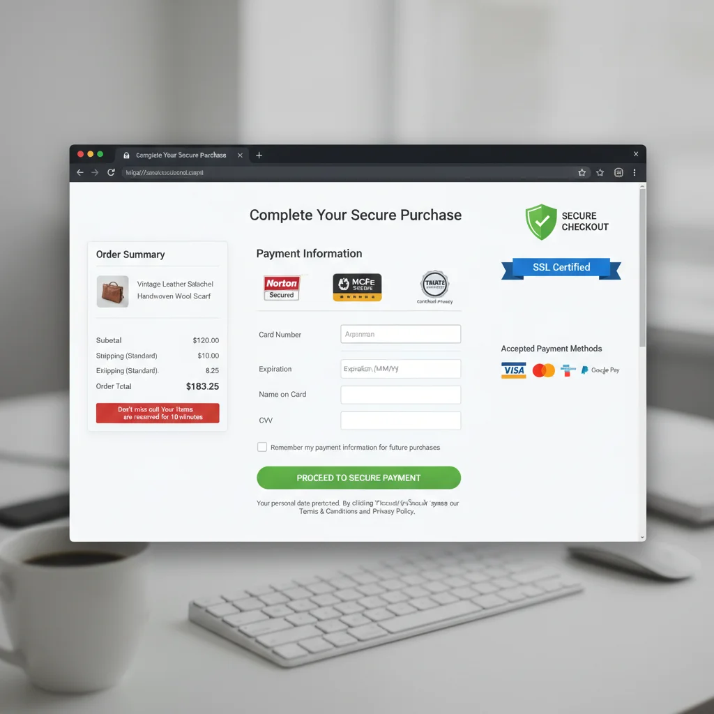 Secure checkout process showing trust badges and SSL certificates for ecommerce cart recovery