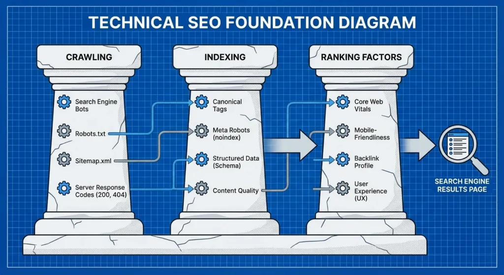 Technical SEO foundation diagram showing crawling, indexing, and ranking factors