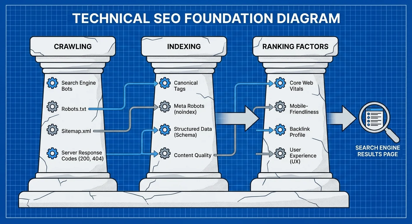 Technical SEO foundation diagram showing crawling, indexing, and ranking factors