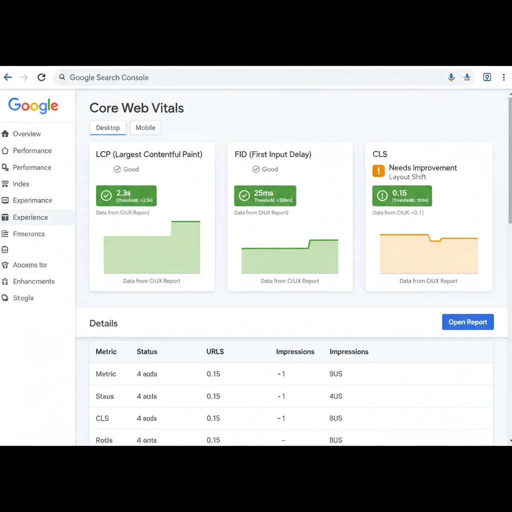 Core Web Vitals dashboard showing LCP, FID, and CLS metrics