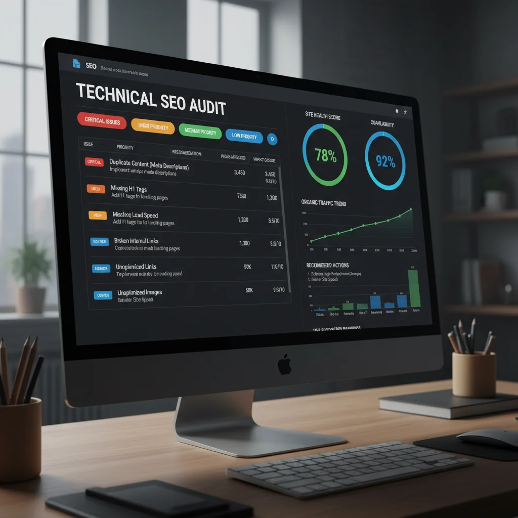 SEO audit tools dashboard showing technical issues and recommendations