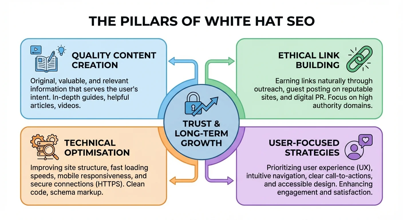 White hat SEO techniques showing quality content creation and ethical link building strategies