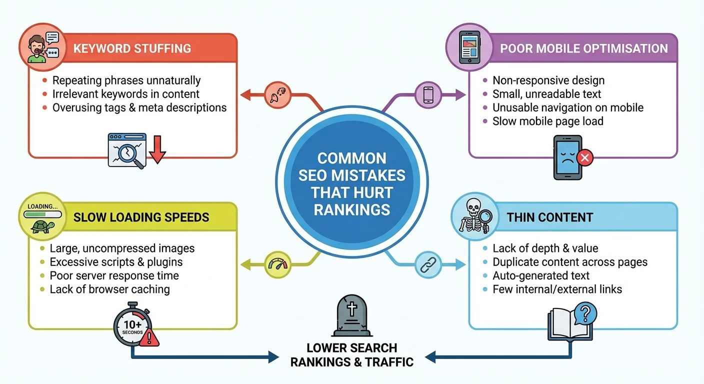 SEO mistakes infographic showing common errors that hurt search rankings