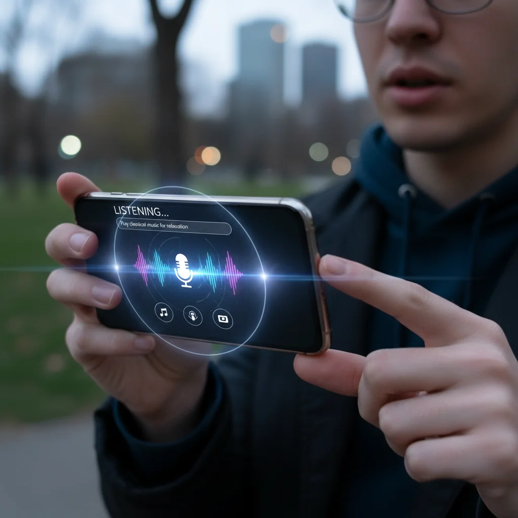 Person using voice search on smartphone with digital assistant interface