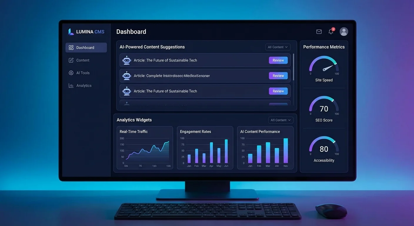 Modern CMS dashboard showing AI-powered content recommendations and analytics