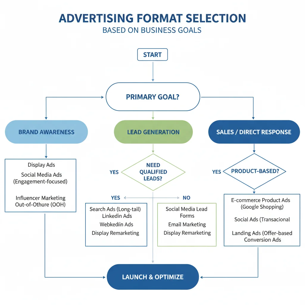 Decision tree flowchart for selecting the best advertising format based on campaign goals