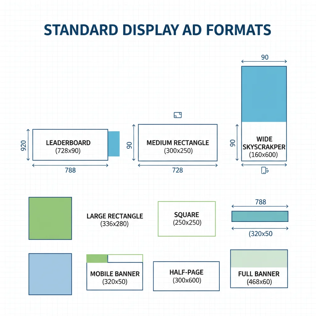 Various display ad formats including banner ads, rectangle ads, and skyscraper ads