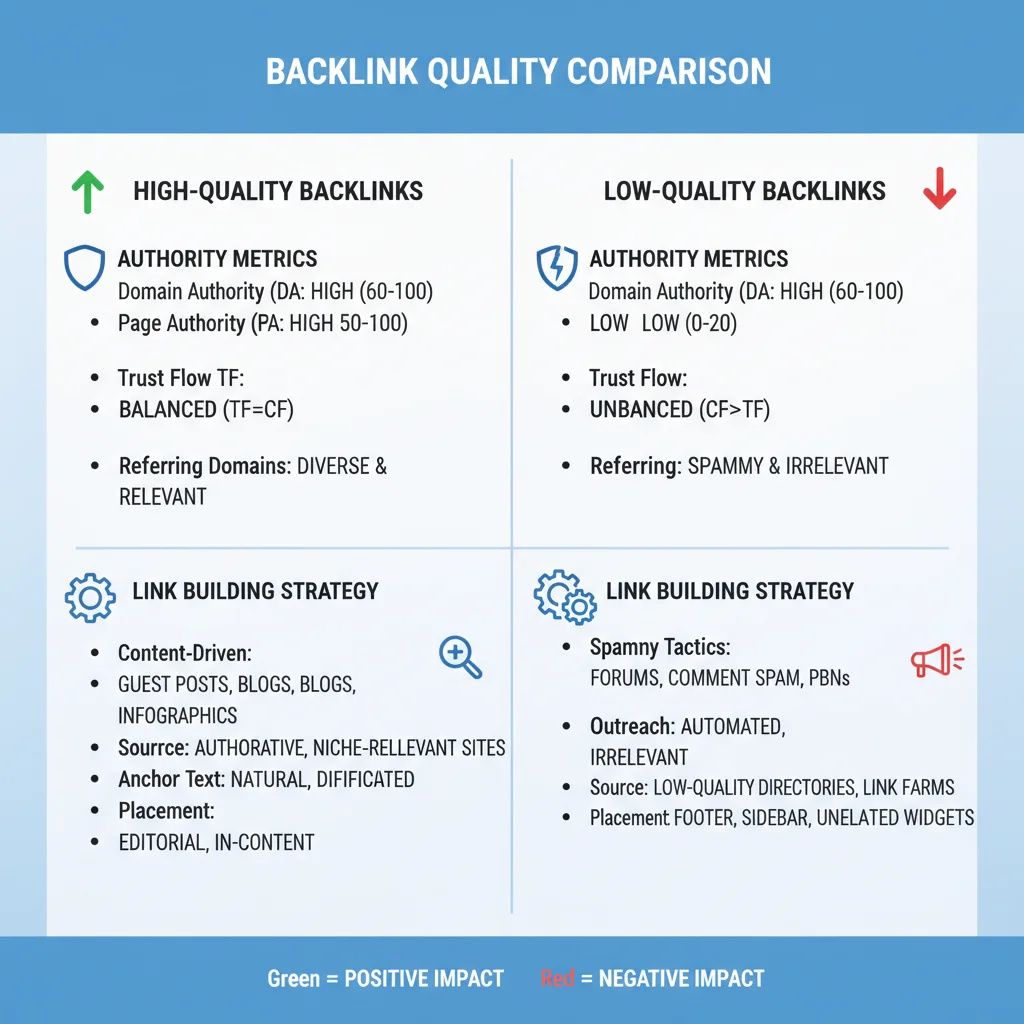 Link building strategy chart showing quality vs quantity backlink comparison