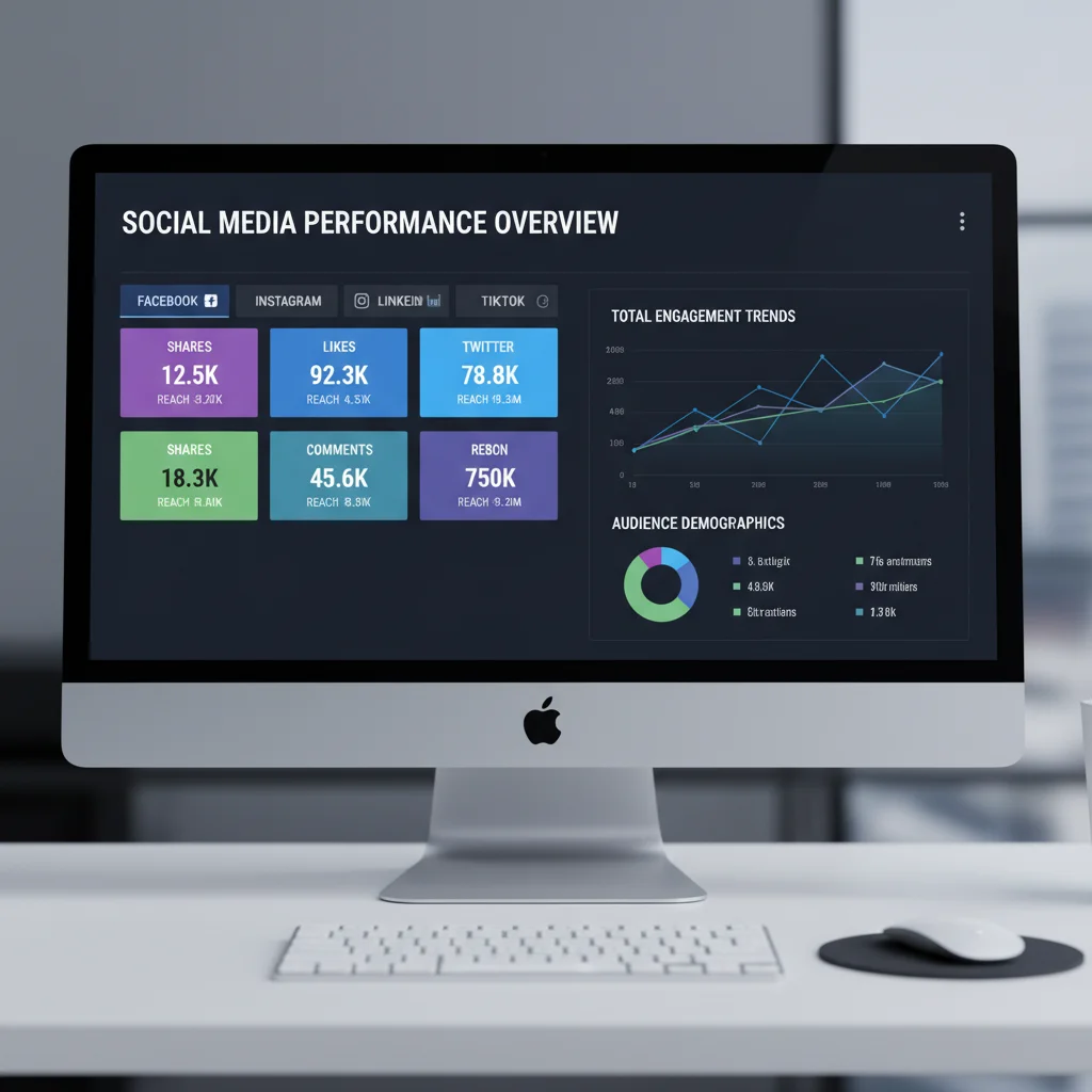 Social media engagement metrics dashboard showing shares, likes and comments