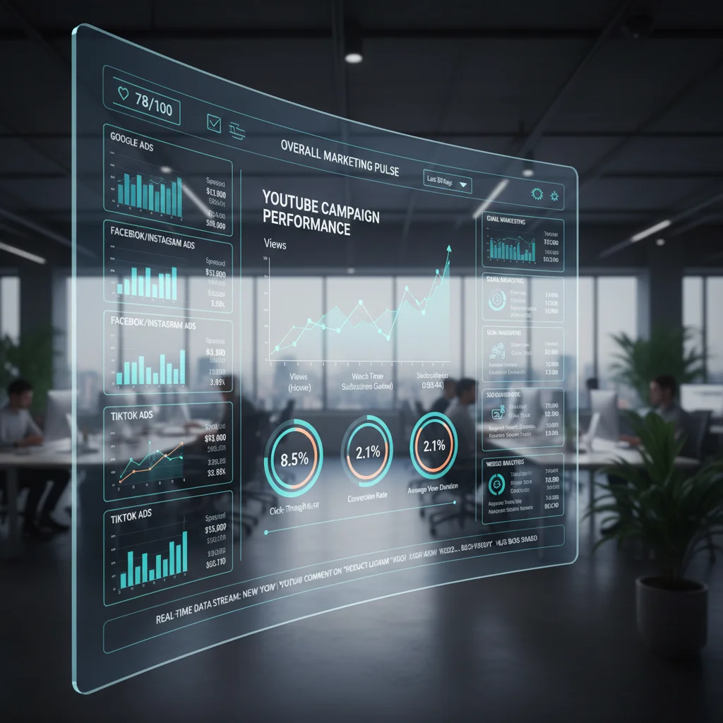 Integrated digital marketing dashboard showing YouTube campaign performance