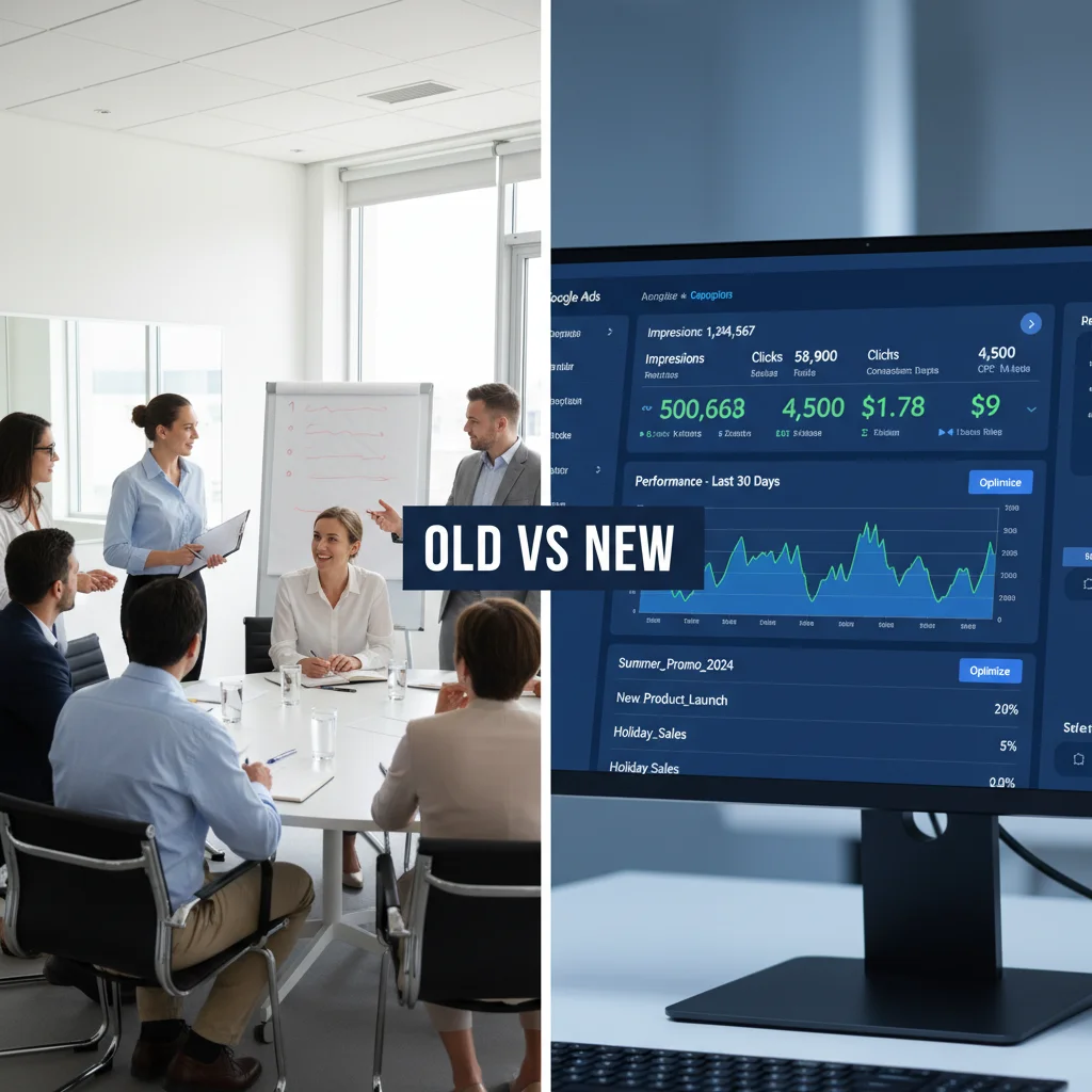 Split screen comparison showing traditional focus group versus Google Ads micro testing dashboard