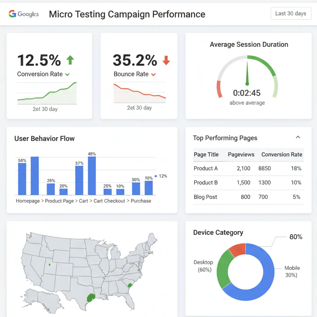 Google Analytics dashboard showing micro testing campaign performance metrics and conversion data