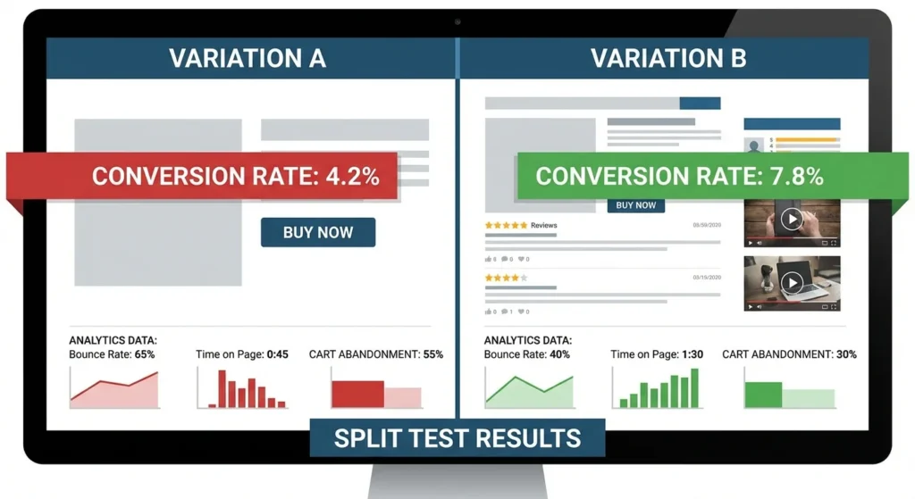 A/B testing comparison showing two webpage variations side by side with conversion metrics