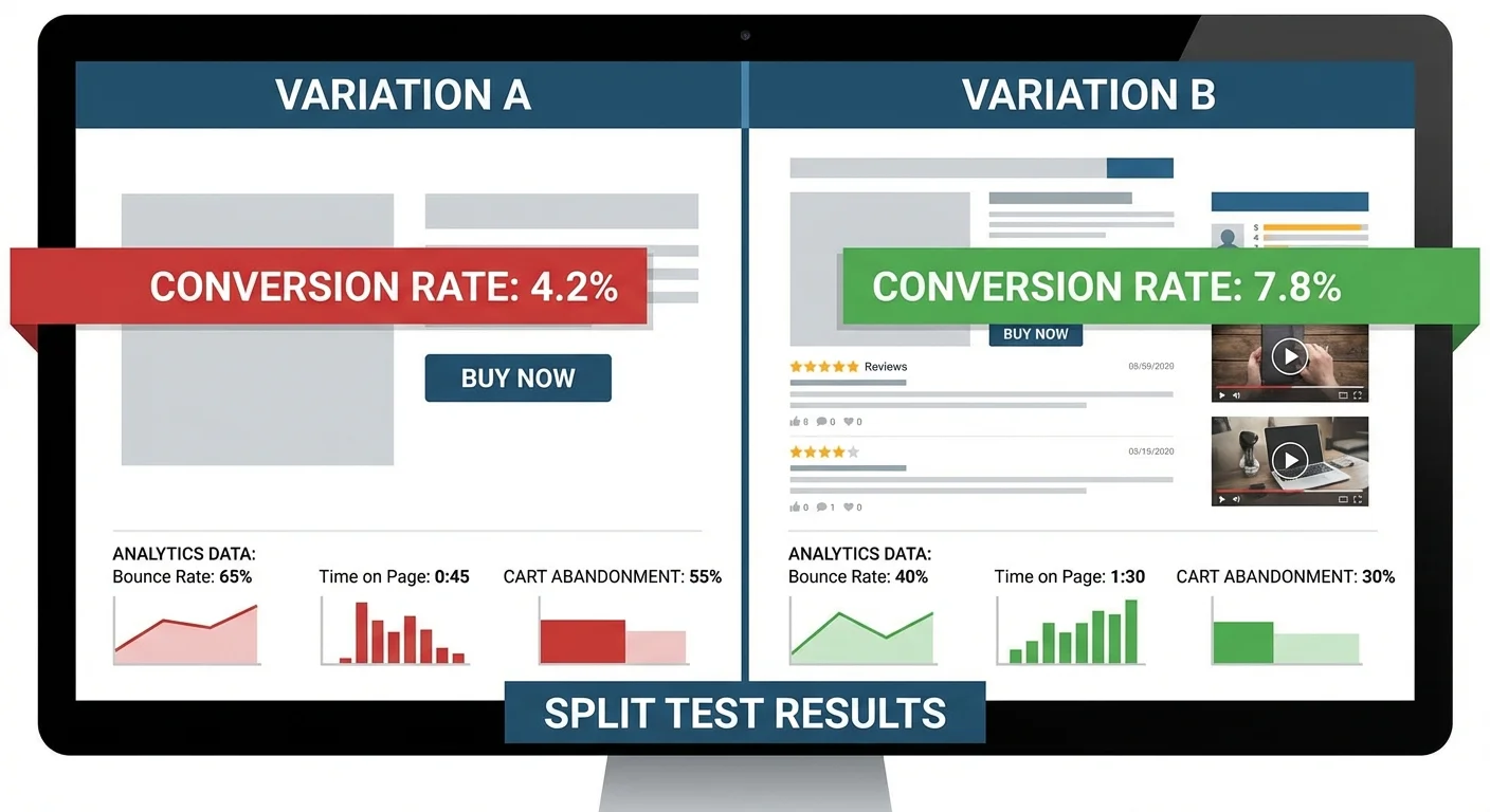 A/B testing comparison showing two webpage variations side by side with conversion metrics