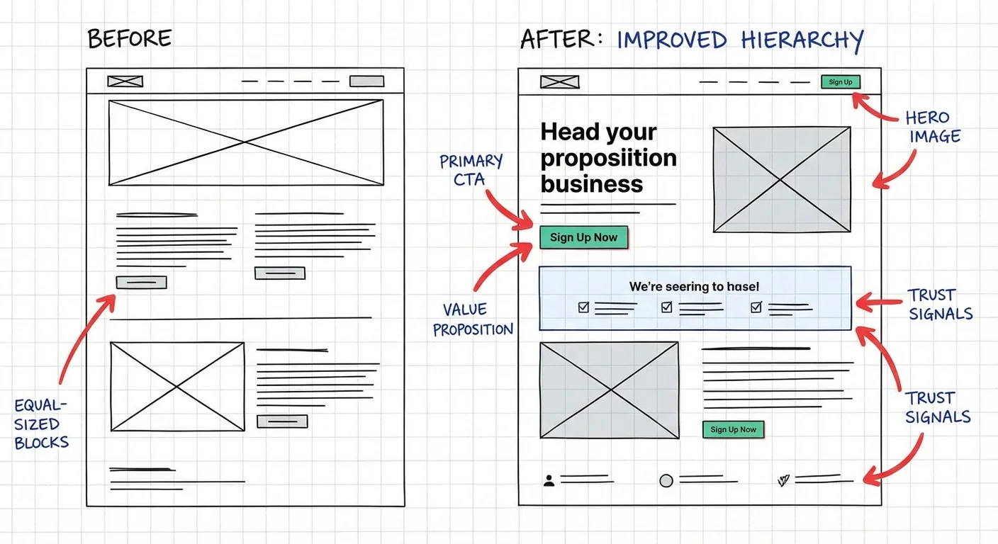Website layout comparison showing improved visual hierarchy and user flow