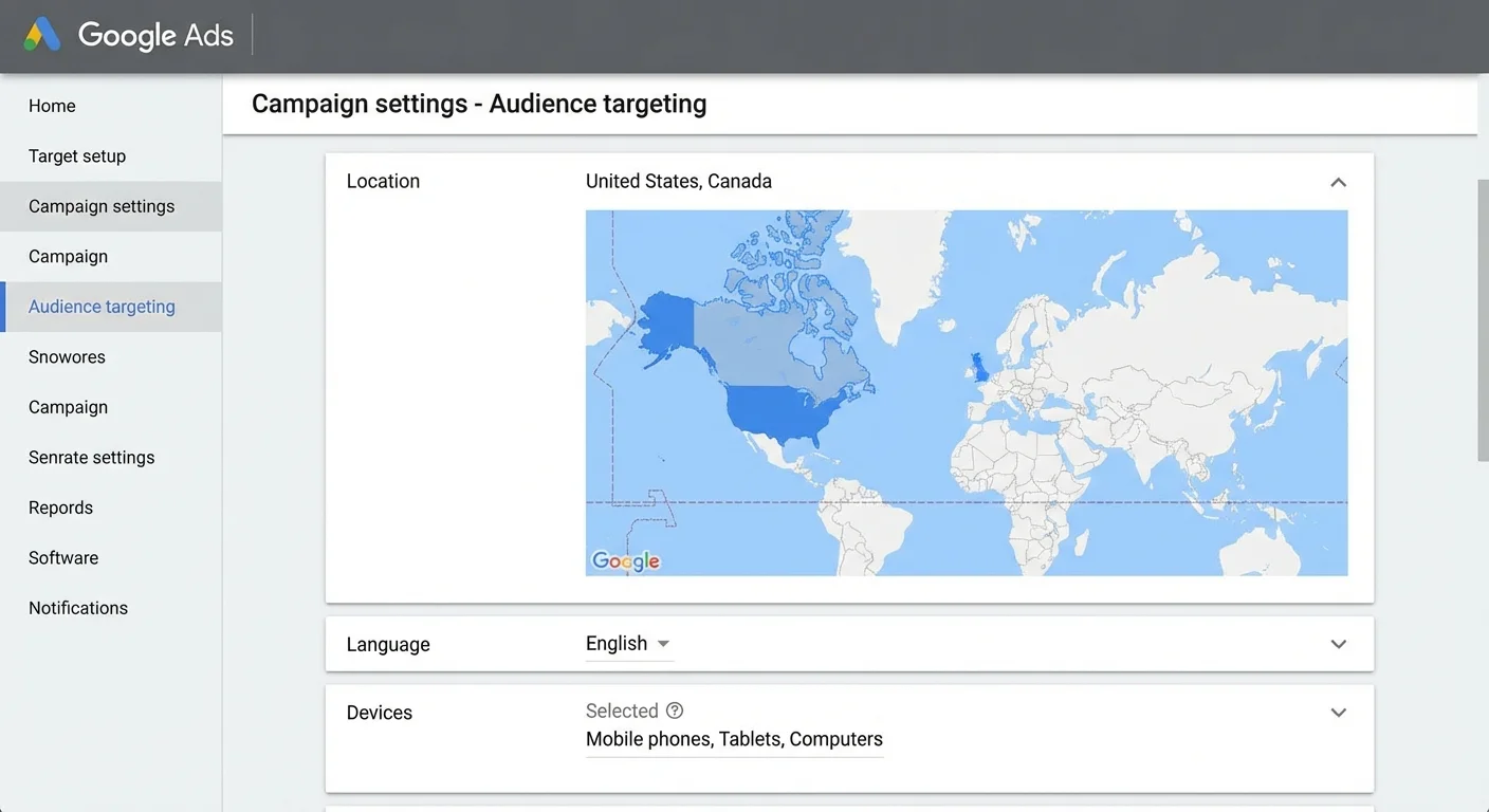 Google Ads campaign setup showing audience targeting options and geographic settings